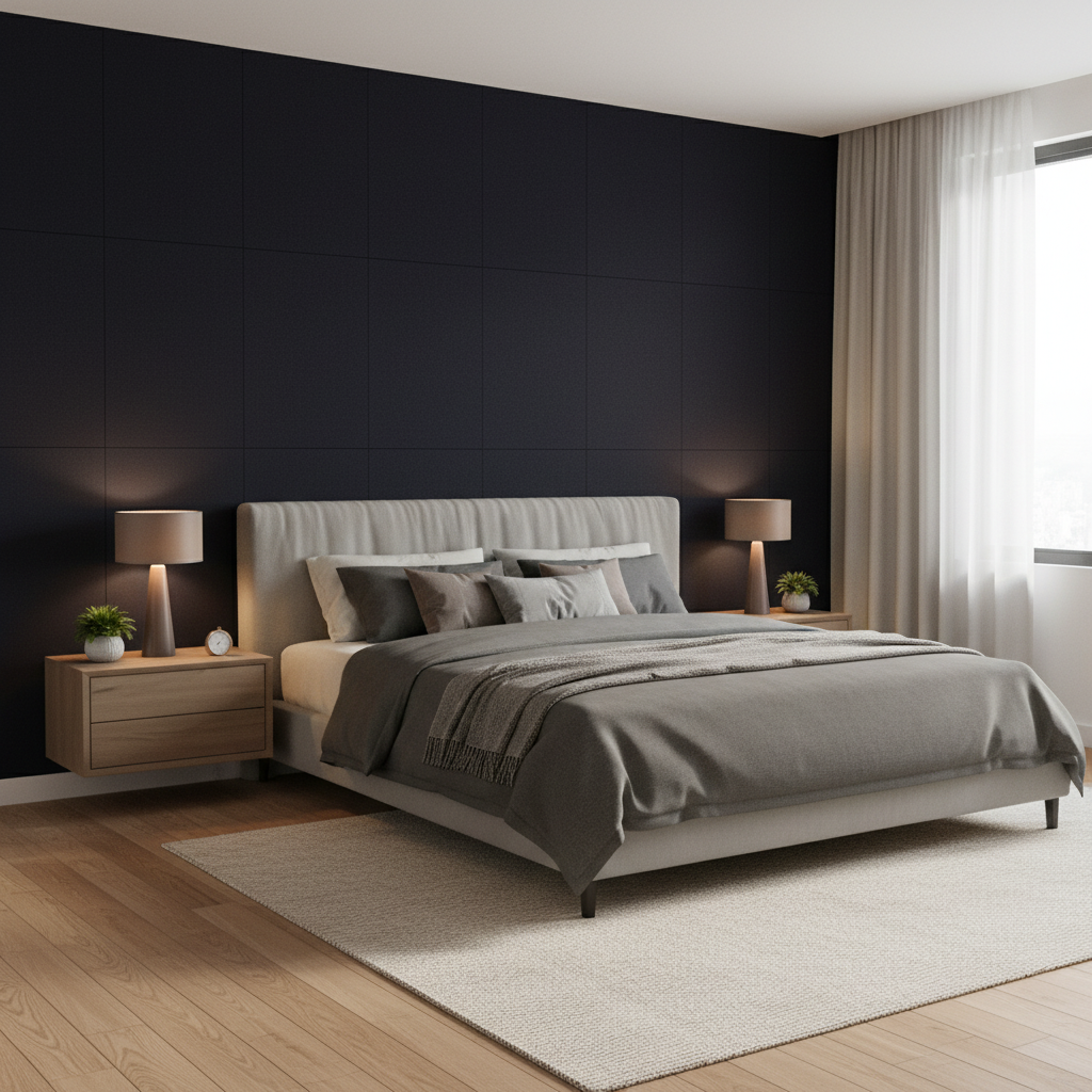 Oxford Velvet - Ink Dark Blue By Lee Jofa |  |Solid Texture Upholstery Velvet - Bedroom Room Setting