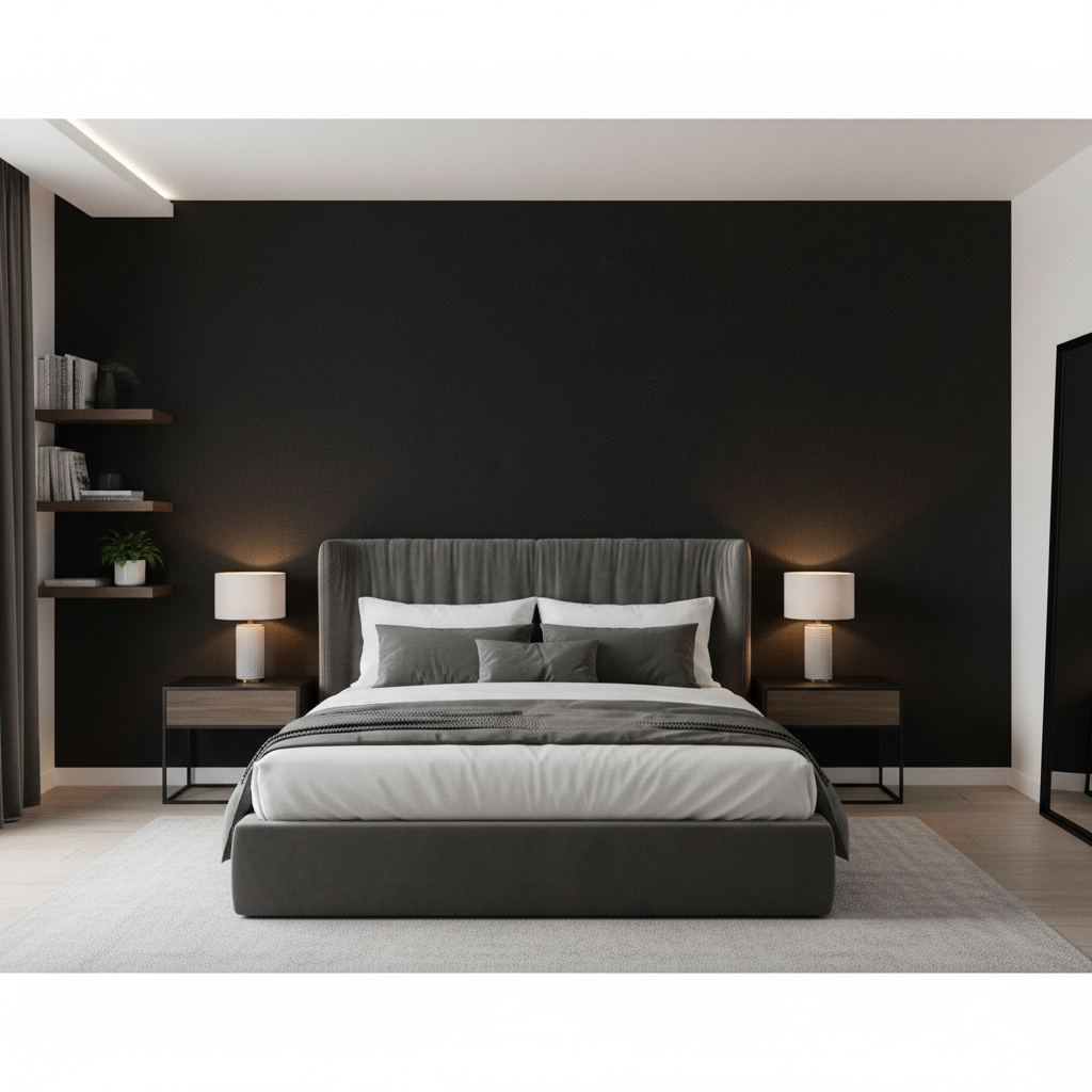 Oxford Velvet - Noir Black By Lee Jofa |  |Solid Texture Upholstery Velvet - Bedroom Room Setting