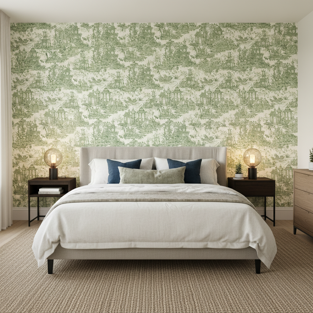 Pagoda Toile - Forest Green By Lee Jofa | Oscar De La Renta Iv | Toile Multipurpose Print - Bedroom Room Setting