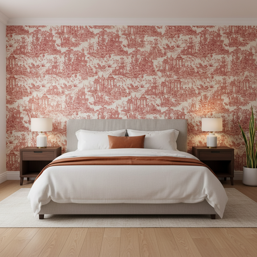 Pagoda Toile - Garnet Red By Lee Jofa | Oscar De La Renta Iv | Toile Multipurpose Print - Bedroom Room Setting