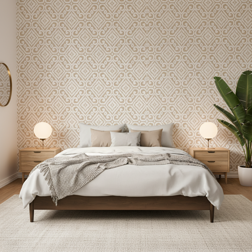 Prado Weave - Dune Beige By Lee Jofa | Triana Weaves |Geometric Lattice/Scrollwork Upholstery - Bedroom Room Setting
