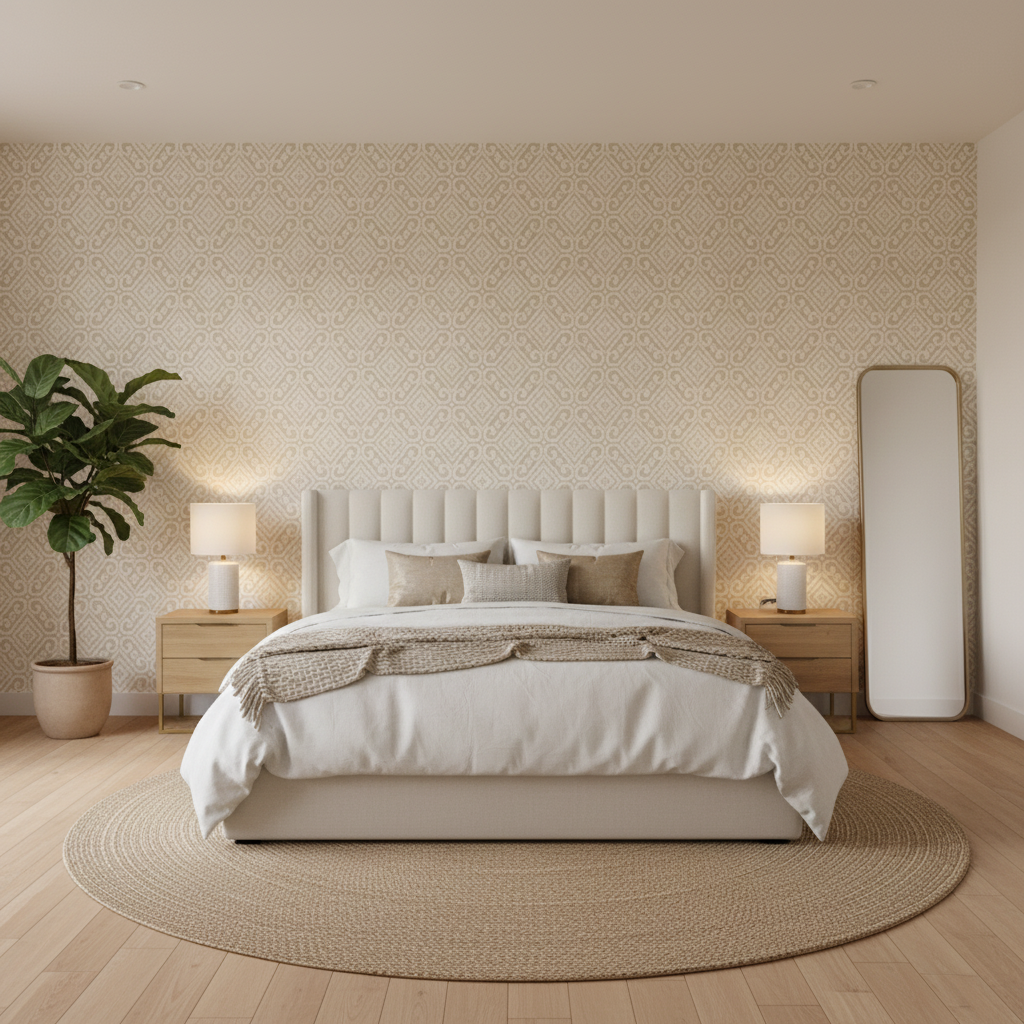 Prado Weave - Pearl Ivory By Lee Jofa | Triana Weaves |Geometric Lattice/Scrollwork Upholstery - Bedroom Room Setting