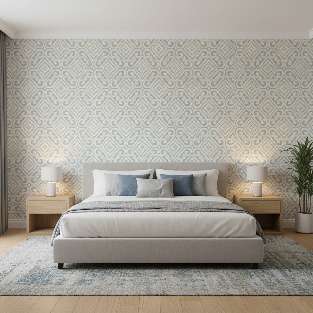 Prado Weave - Sky Light Blue By Lee Jofa | Triana Weaves |Geometric Lattice/Scrollwork Upholstery - Bedroom Room Setting