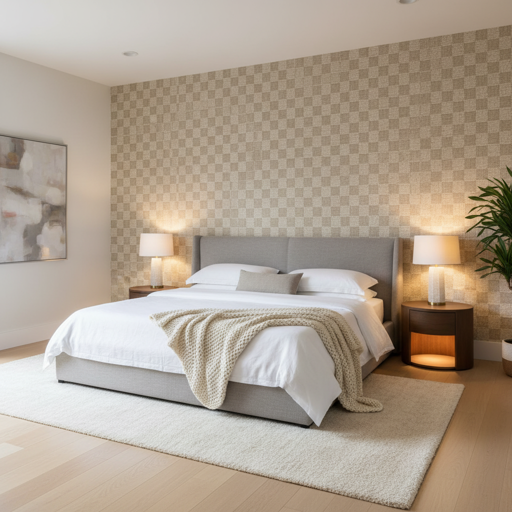 Quay - Beach Beige By Lee Jofa Modern | Kelly Wearstler Mesa |Check/Houndstooth Texture Upholstery Indoor / Outdoor - Bedroom Room Setting