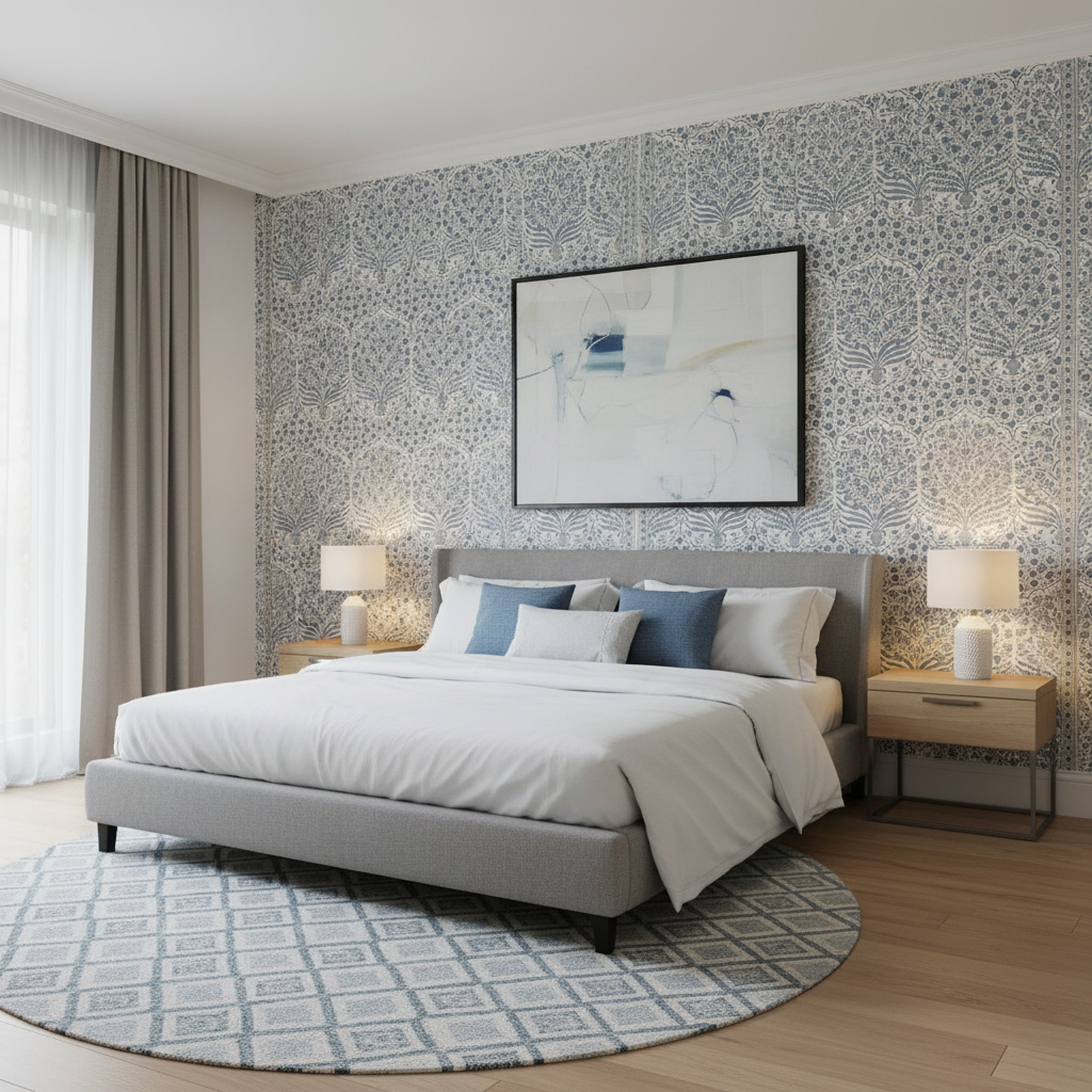 Sameera - Blue/Indigo Blue By Lee Jofa | Oscar De La Renta Iii |Botanical & Floral Global Multipurpose Print - Bedroom Room Setting