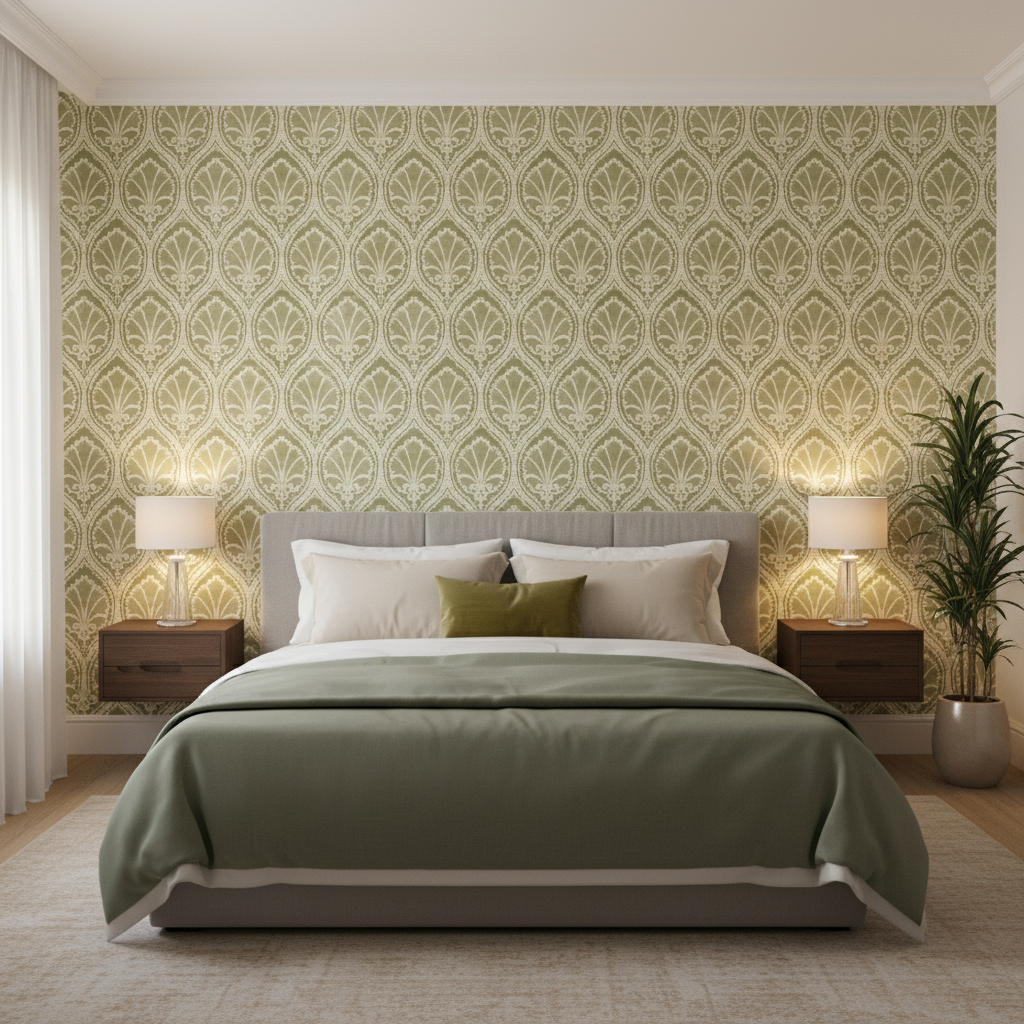 Seville Weave - Celadon/Moss Green By Lee Jofa | Triana Weaves |Damask Texture Upholstery - Bedroom Room Setting