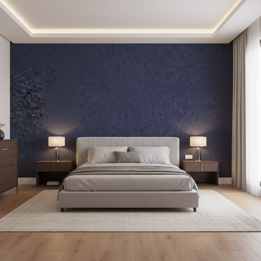 Skye Wool - Blueberry Dark Blue By Lee Jofa |  |Solid Texture Upholstery Wool - Bedroom Room Setting