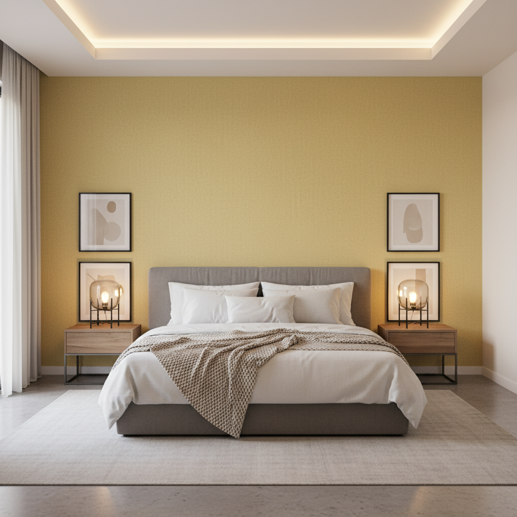 Skye Wool - Goldenrod Yellow By Lee Jofa |  |Solid Texture Upholstery Wool - Bedroom Room Setting