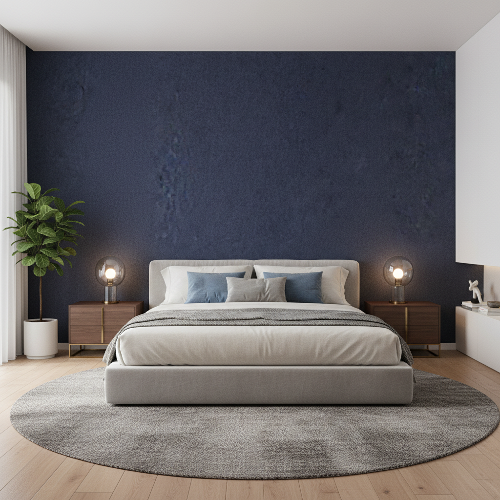 Skye Wool - Ink Blue By Lee Jofa |  |Solid Texture Upholstery Wool - Bedroom Room Setting