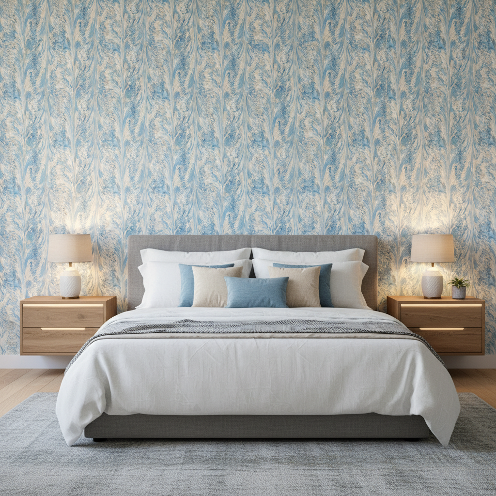 Taplow Print - Capri/Sky Blue By Lee Jofa | Garden Walk | Abstract Multipurpose Print - Bedroom Room Setting