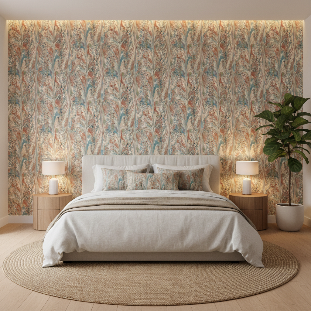 Taplow Print - Clay/Blue Orange By Lee Jofa | Garden Walk | Abstract Multipurpose Print - Bedroom Room Setting