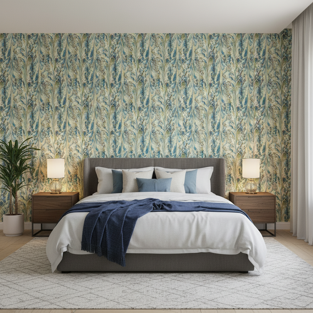 Taplow Print - Peacock/Gold Multi By Lee Jofa | Manor House | Modern Multipurpose Print - Bedroom Room Setting