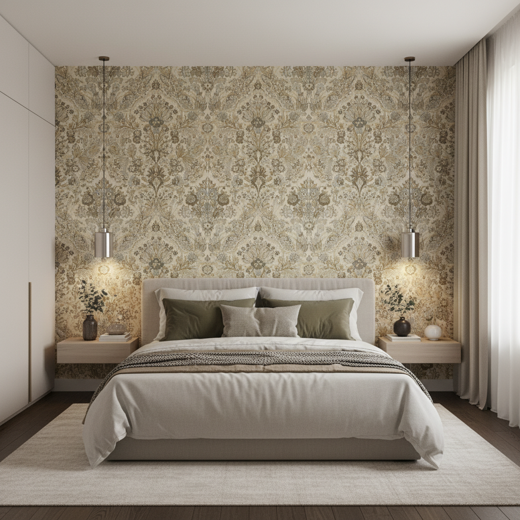 Tetbury - Grey/Bisque Grey By Lee Jofa | Royal Oak Anniversary | Medallion / Suzani / Persian Multipurpose Print - Bedroom Room Setting