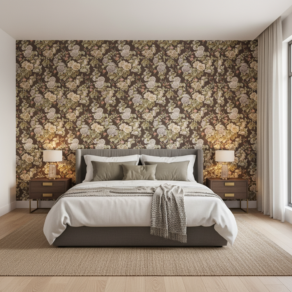Upton Cotton - Java/Moss Multi By Lee Jofa | Oscar De La Renta Iv |Botanical & Floral  Multipurpose Print - Bedroom Room Setting