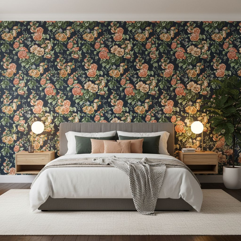 Upton Cotton - Navy/Coral Multi By Lee Jofa | Oscar De La Renta Iv |Botanical & Floral  Multipurpose Print - Bedroom Room Setting