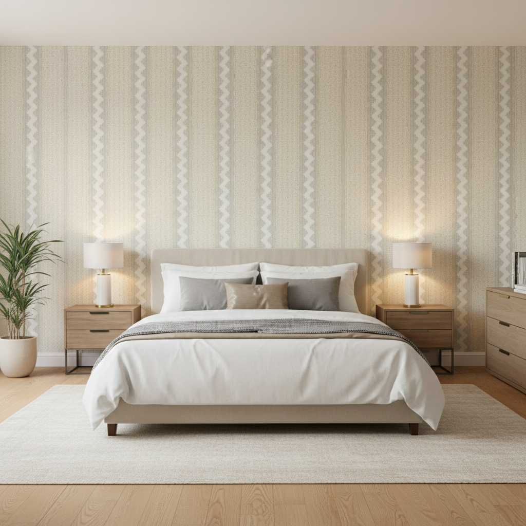 Whitaker Print - Grey/Sand Grey By Lee Jofa | Avondale |Global Stripes Multipurpose Print - Bedroom Room Setting