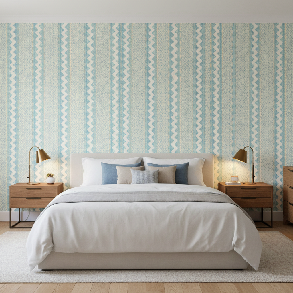 Whitaker Print - Ocean/Gold Turquoise By Lee Jofa | Avondale |Global Stripes Multipurpose Print - Bedroom Room Setting