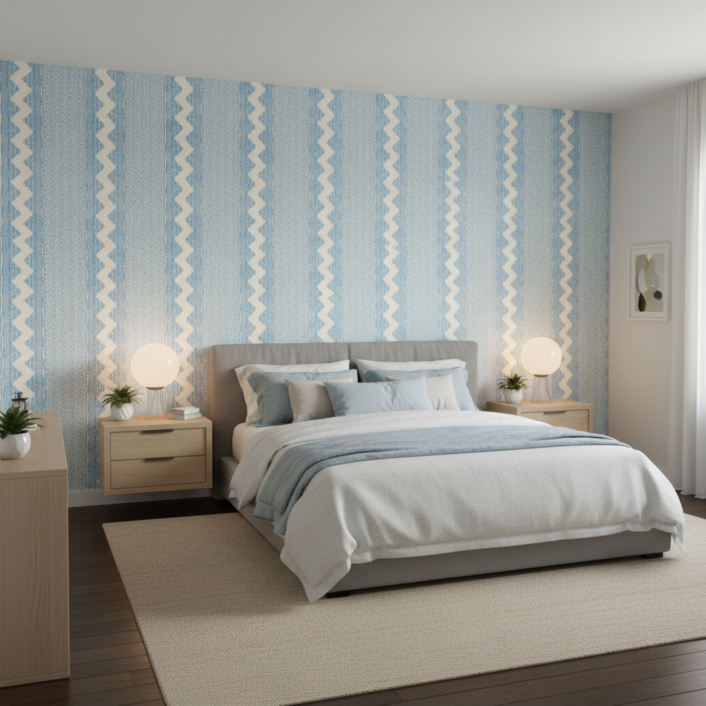 Whitaker Print - Sky/Delft Blue By Lee Jofa | Avondale |Global Stripes Multipurpose Print - Bedroom Room Setting