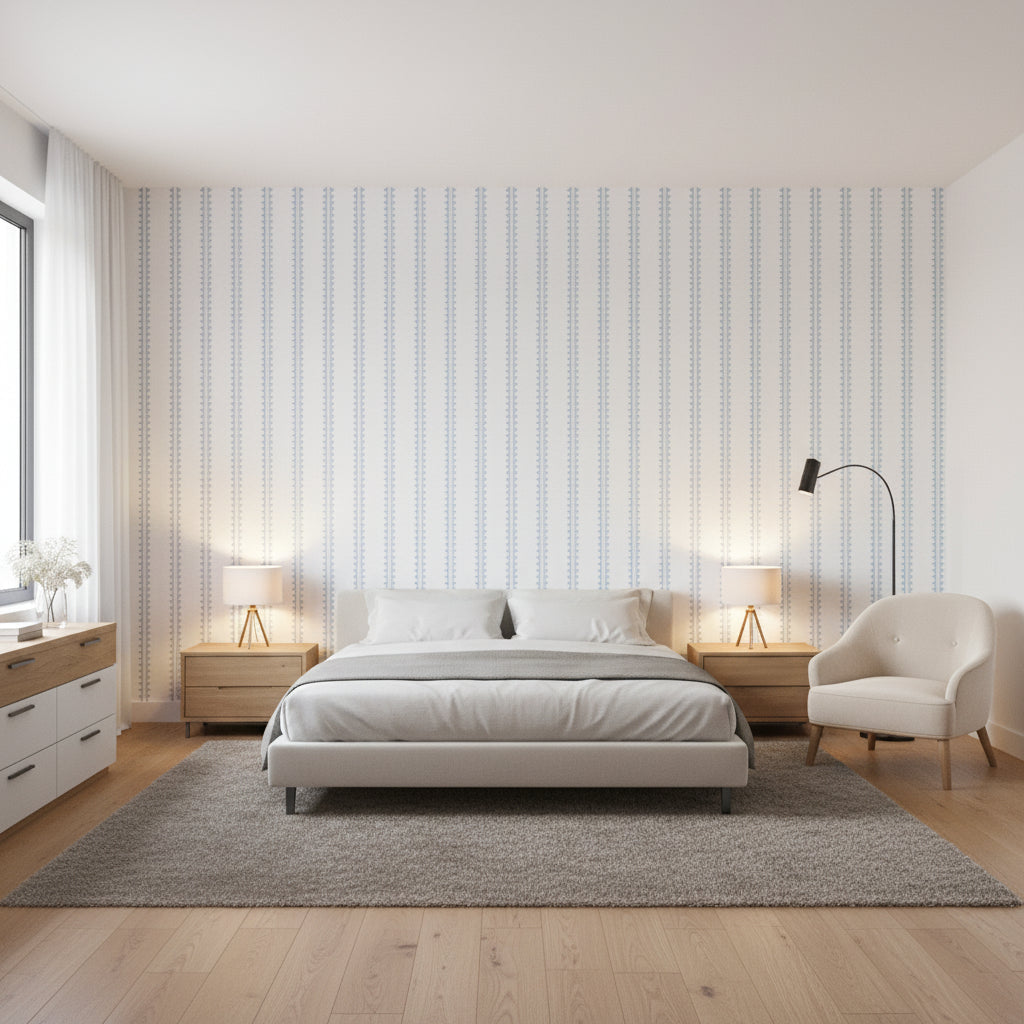 Agave Stripe French Blue | Thibaut Wallcoverings - Bedroom Visualization (AI-generated, may not be to scale. Verify pattern scale with product specifications.)