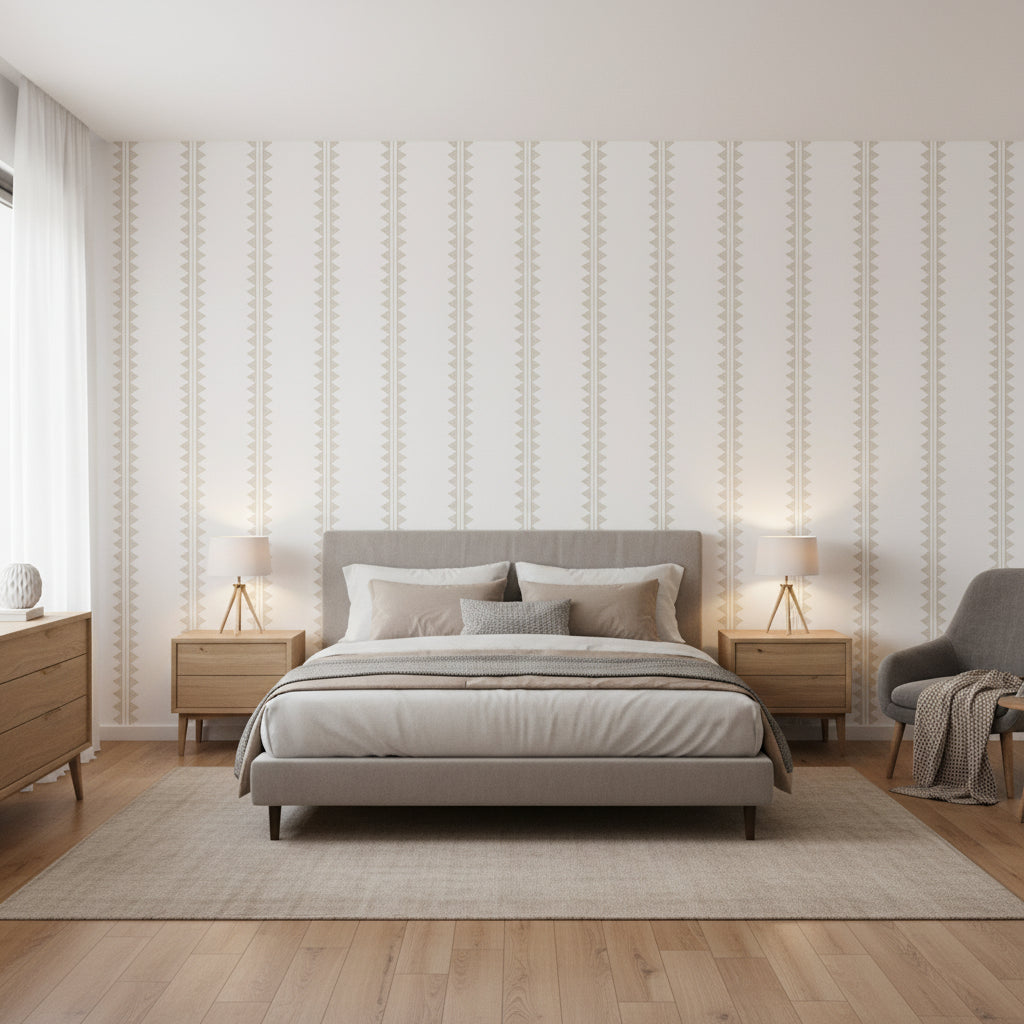 Agave Stripe Camel | Thibaut Wallcoverings - Bedroom Visualization (AI-generated, may not be to scale. Verify pattern scale with product specifications.)