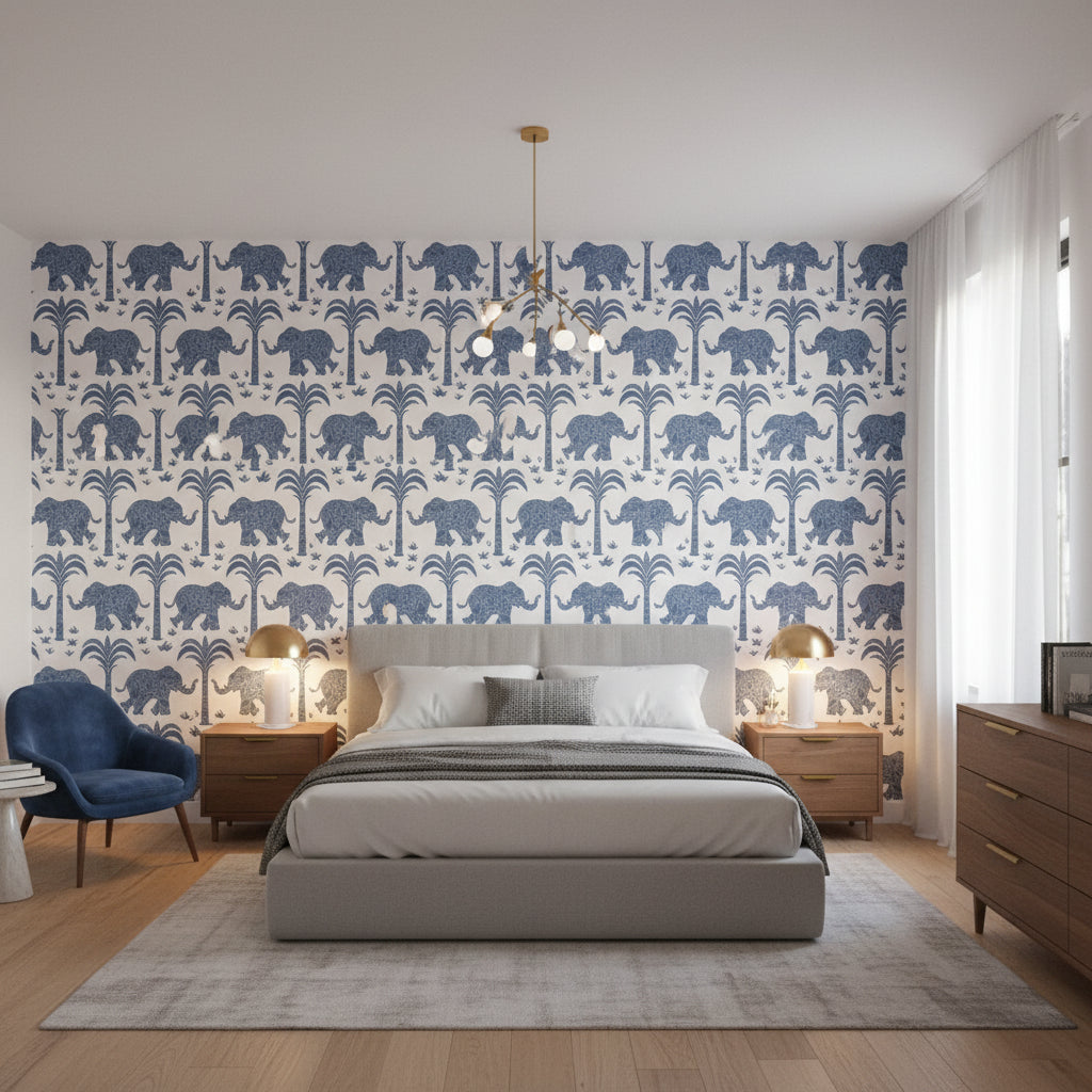 ELEPHANT Navy | Thibaut Wallcoverings - Bedroom Visualization (AI-generated, may not be to scale. Verify pattern scale with product specifications.)