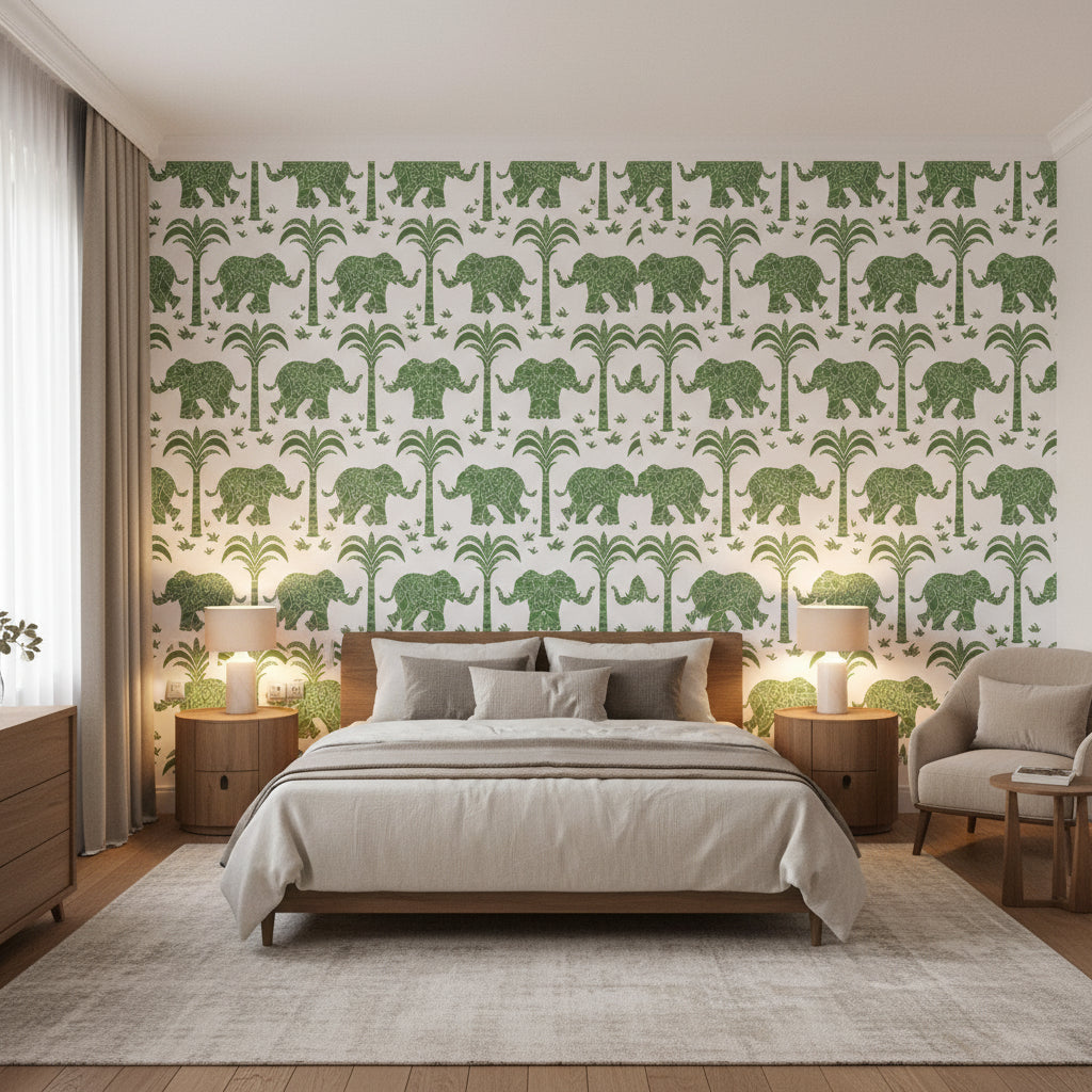 ELEPHANT Green | Thibaut Wallcoverings - Bedroom Visualization (AI-generated, may not be to scale. Verify pattern scale with product specifications.)