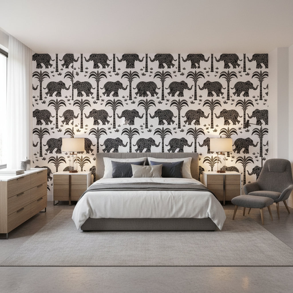 ELEPHANT Black | Thibaut Wallcoverings - Bedroom Visualization (AI-generated, may not be to scale. Verify pattern scale with product specifications.)