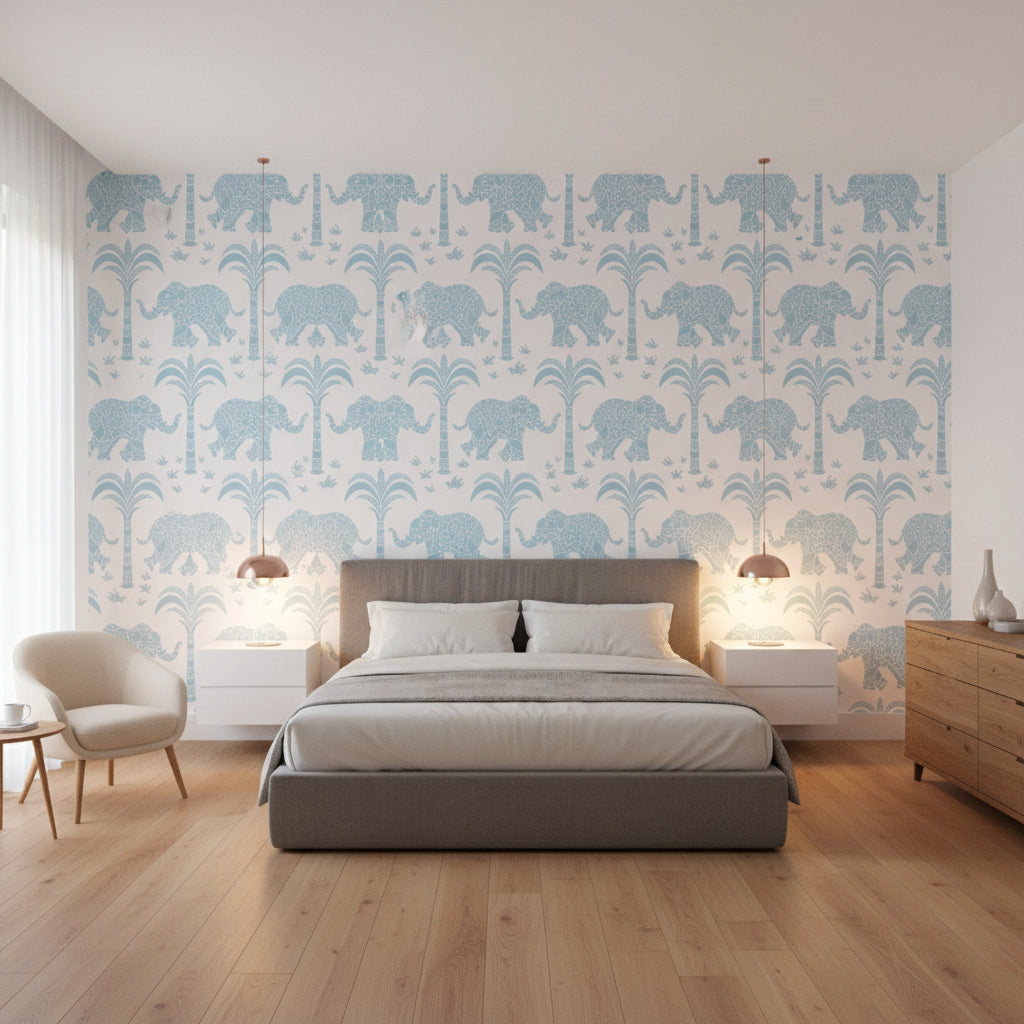 ELEPHANT French Blue | Thibaut Wallcoverings - Bedroom Visualization (AI-generated, may not be to scale. Verify pattern scale with product specifications.)