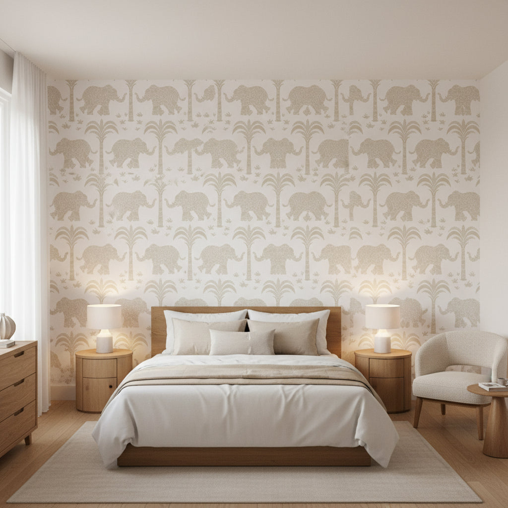 ELEPHANT Beige | Thibaut Wallcoverings - Bedroom Visualization (AI-generated, may not be to scale. Verify pattern scale with product specifications.)