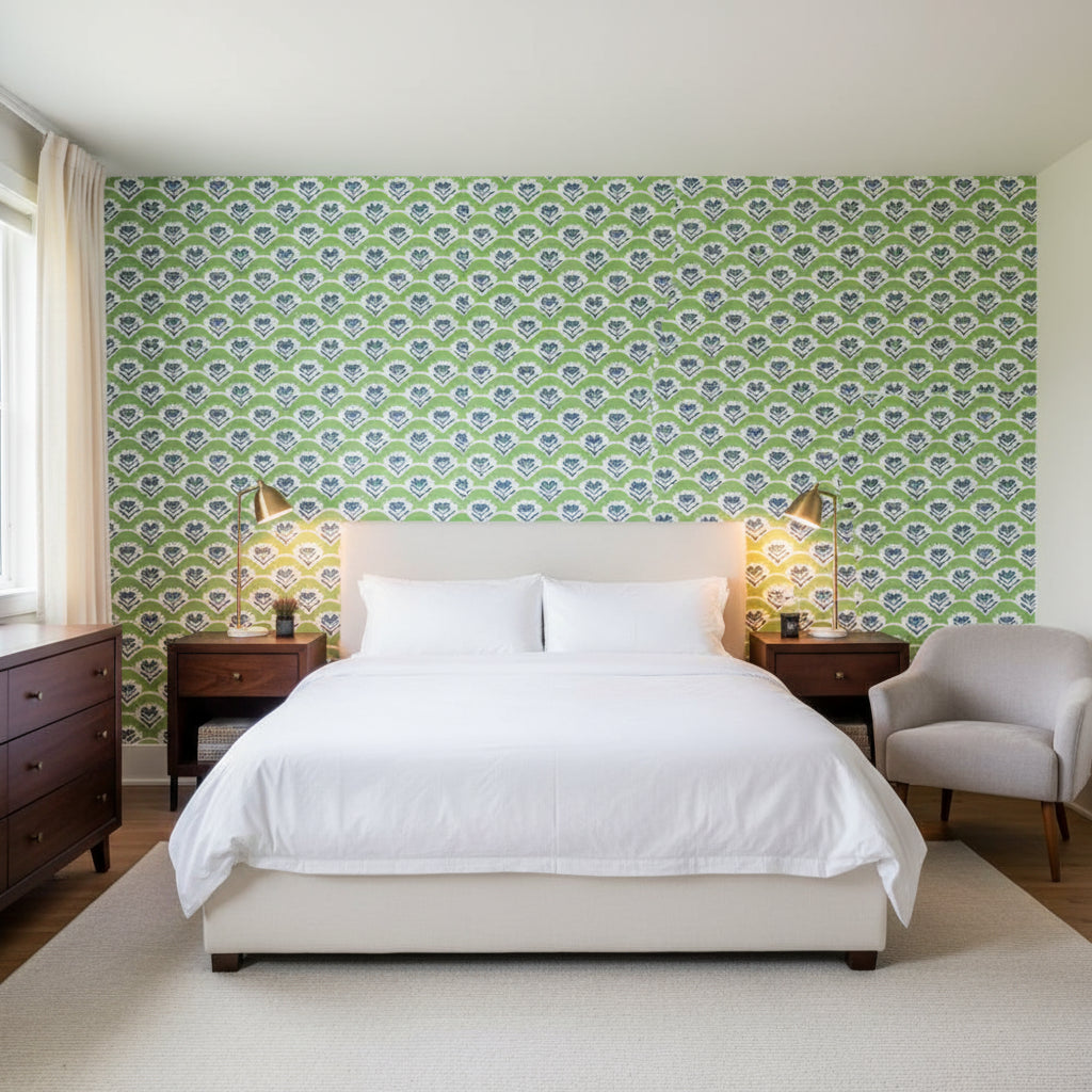 EMILY Green and Blue | Thibaut Wallcoverings - Bedroom Visualization (AI-generated, may not be to scale. Verify pattern scale with product specifications.)