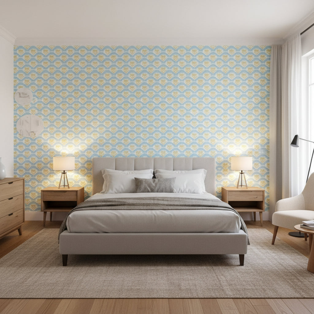 EMILY Yellow and Blue | Thibaut Wallcoverings - Bedroom Visualization (AI-generated, may not be to scale. Verify pattern scale with product specifications.)