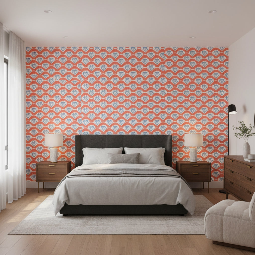 EMILY Coral and Blue | Thibaut Wallcoverings - Bedroom Visualization (AI-generated, may not be to scale. Verify pattern scale with product specifications.)