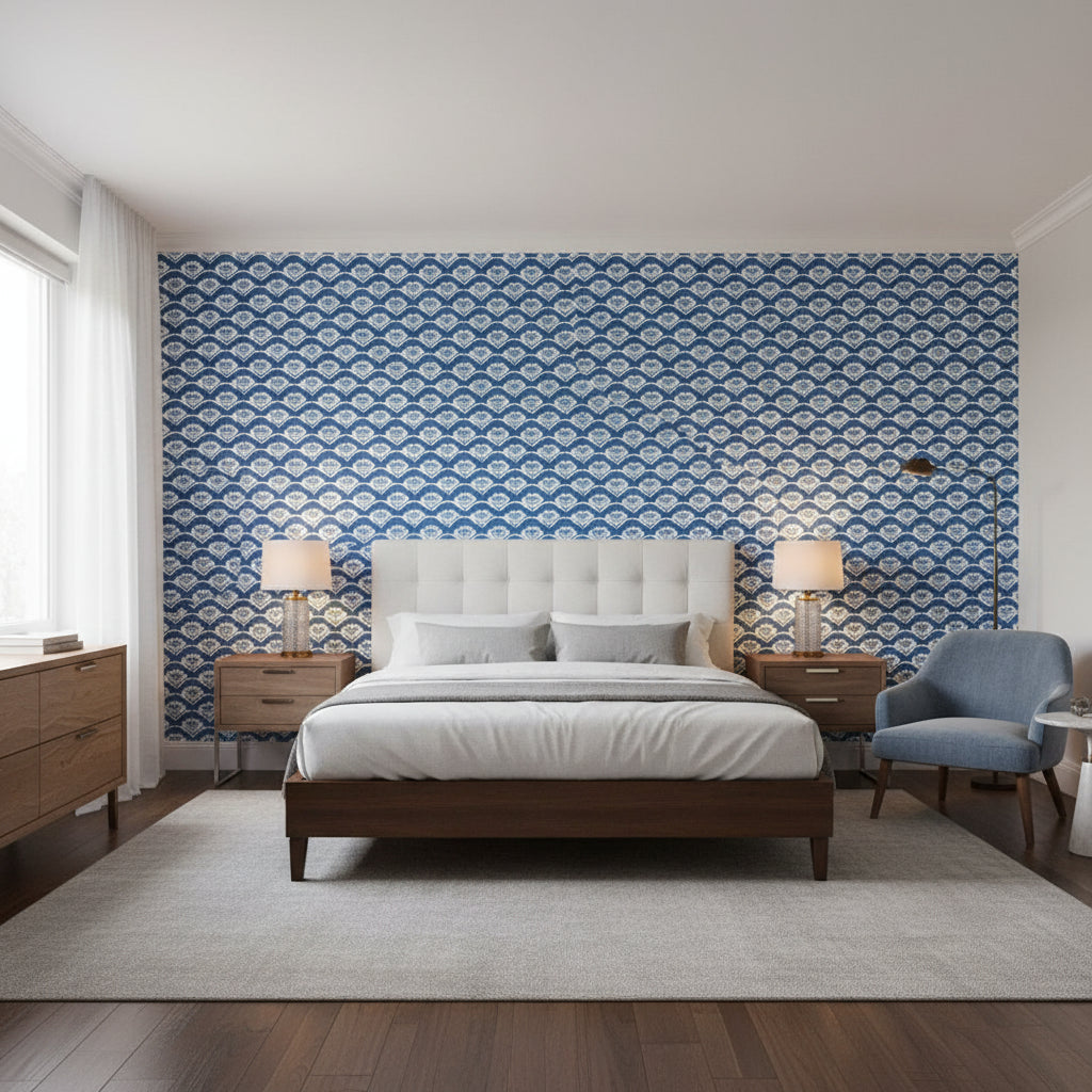 EMILY Navy | Thibaut Wallcoverings - Bedroom Visualization (AI-generated, may not be to scale. Verify pattern scale with product specifications.)