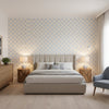 EMILY Beige and Blue | Thibaut Wallcoverings - Bedroom Visualization (AI-generated, may not be to scale. Verify pattern scale with product specifications.)