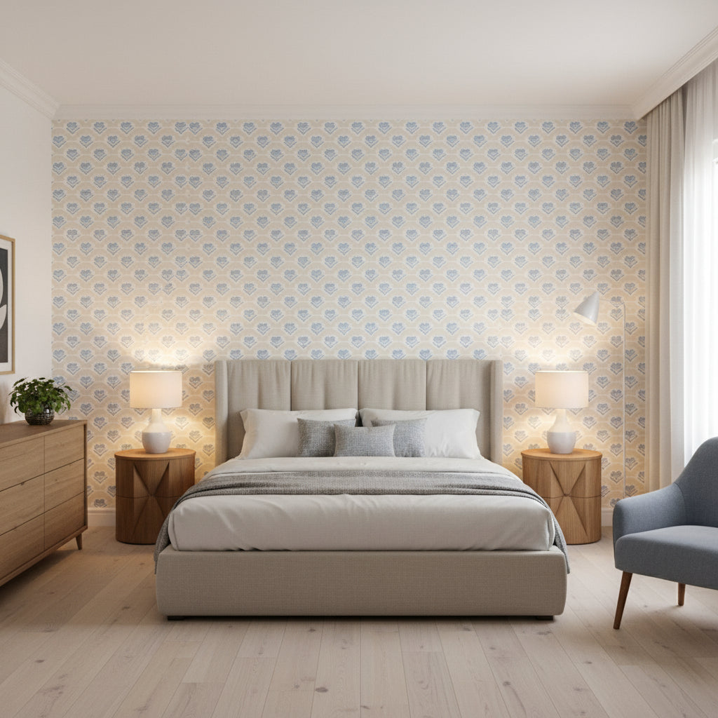 EMILY Beige and Blue | Thibaut Wallcoverings - Bedroom Visualization (AI-generated, may not be to scale. Verify pattern scale with product specifications.)