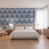 INDIES IKAT Navy | Thibaut Wallcoverings - Bedroom Visualization (AI-generated, may not be to scale. Verify pattern scale with product specifications.)