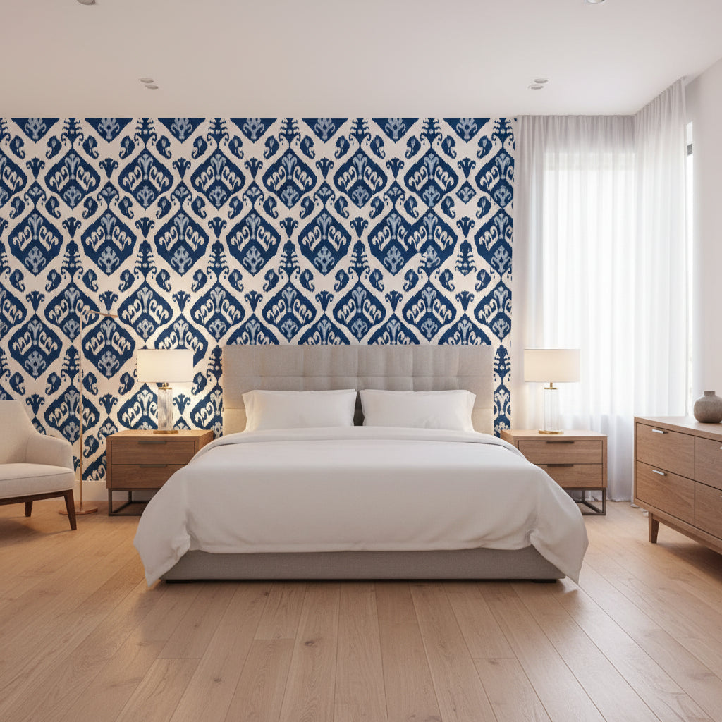 INDIES IKAT Navy | Thibaut Wallcoverings - Bedroom Visualization (AI-generated, may not be to scale. Verify pattern scale with product specifications.)