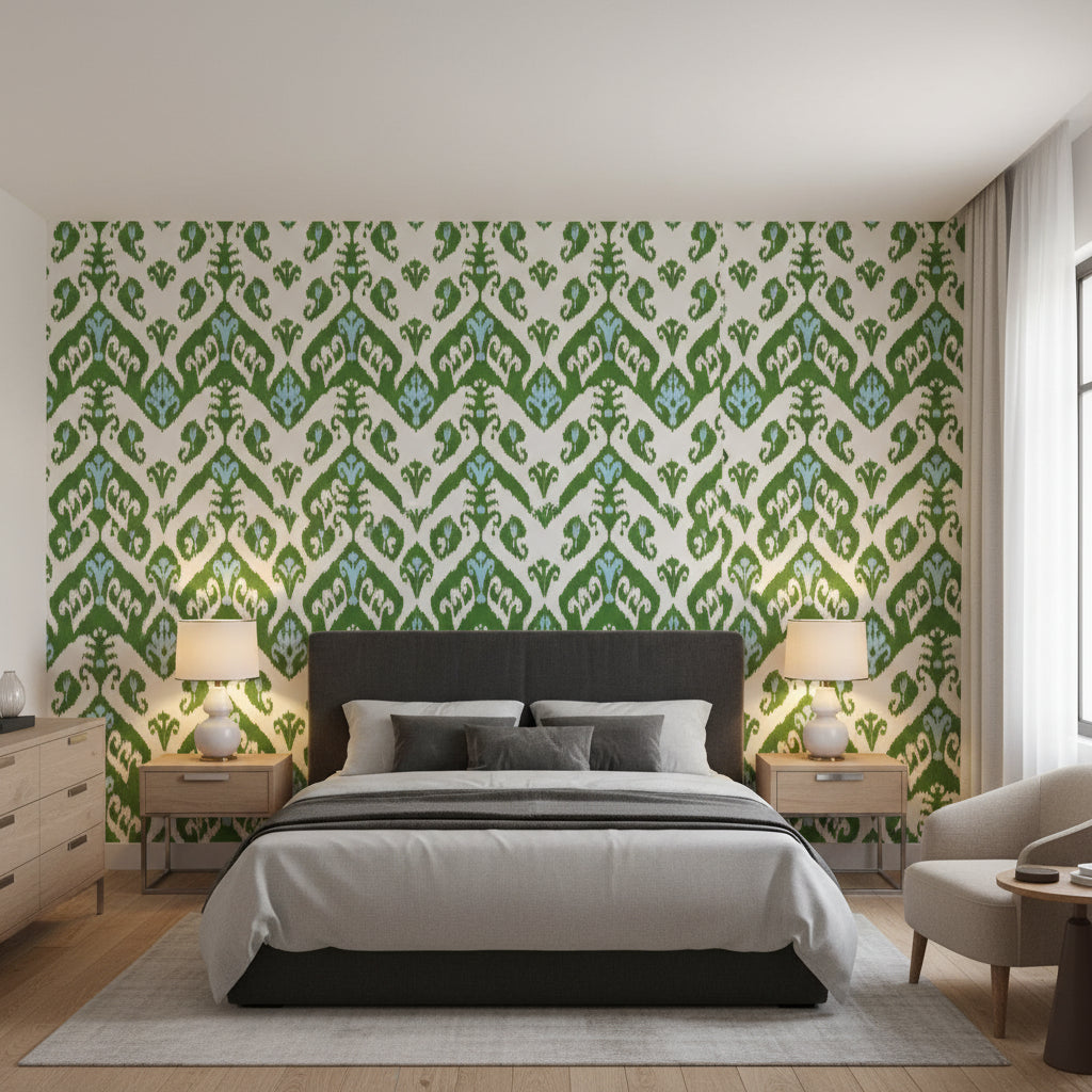 INDIES IKAT Green | Thibaut Wallcoverings - Bedroom Visualization (AI-generated, may not be to scale. Verify pattern scale with product specifications.)