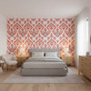 INDIES IKAT Coral | Thibaut Wallcoverings - Bedroom Visualization (AI-generated, may not be to scale. Verify pattern scale with product specifications.)