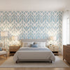 INDIES IKAT French Blue | Thibaut Wallcoverings - Bedroom Visualization (AI-generated, may not be to scale. Verify pattern scale with product specifications.)