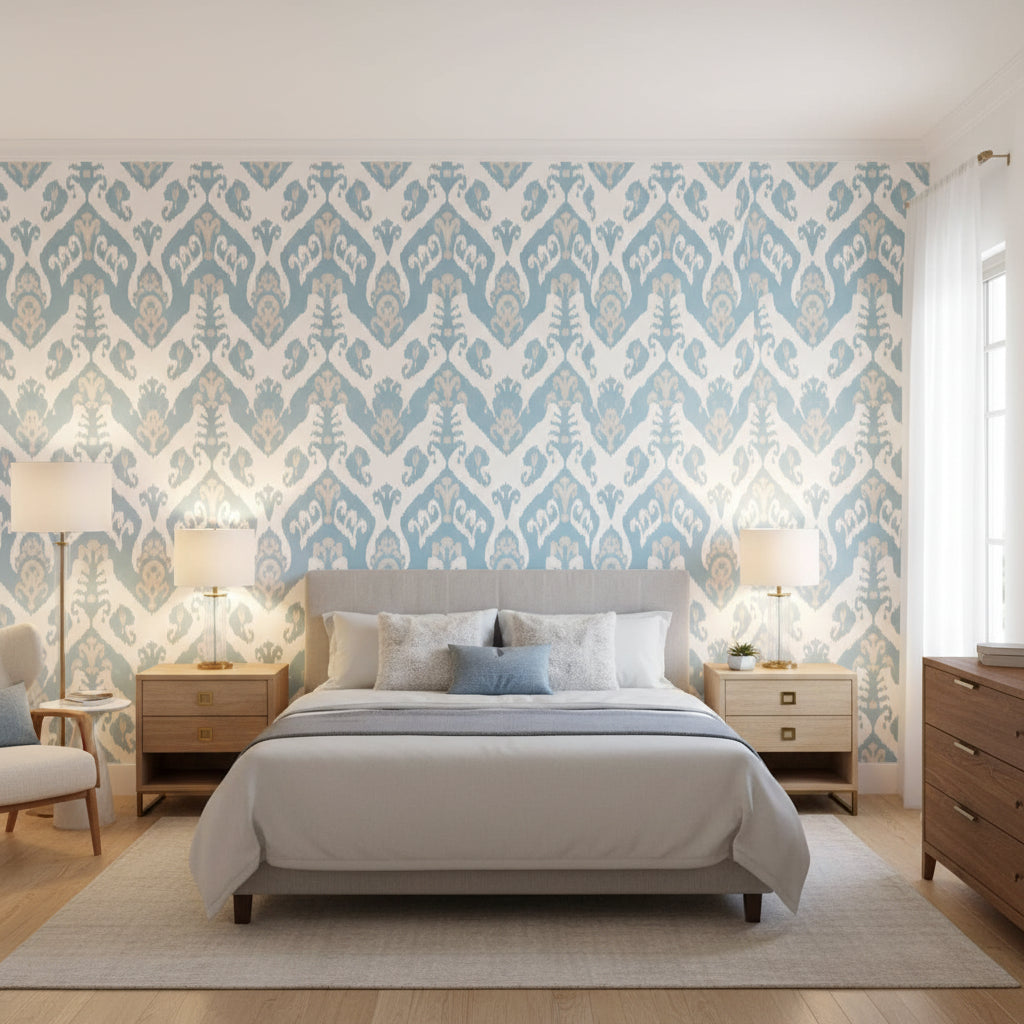 INDIES IKAT French Blue | Thibaut Wallcoverings - Bedroom Visualization (AI-generated, may not be to scale. Verify pattern scale with product specifications.)