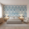 INDIES IKAT Lavender and French Blue | Thibaut Wallcoverings - Bedroom Visualization (AI-generated, may not be to scale. Verify pattern scale with product specifications.)