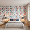 MATISSE LEAF French Blue and Coral | Thibaut Wallcoverings - Bedroom Visualization (AI-generated, may not be to scale. Verify pattern scale with product specifications.)