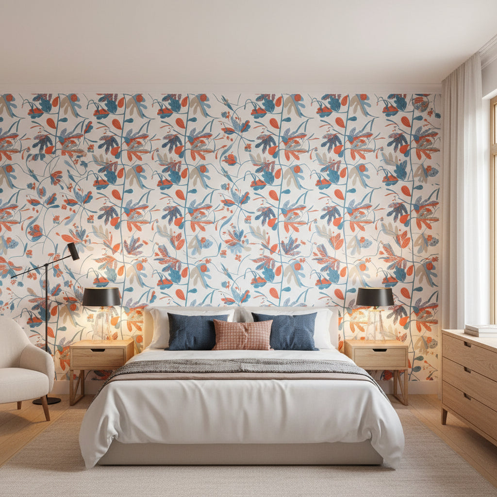 MATISSE LEAF French Blue and Coral | Thibaut Wallcoverings - Bedroom Visualization (AI-generated, may not be to scale. Verify pattern scale with product specifications.)