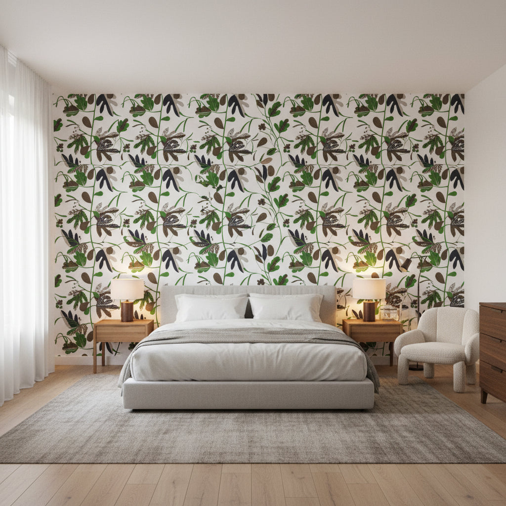 MATISSE LEAF Black and Green | Thibaut Wallcoverings - Bedroom Visualization (AI-generated, may not be to scale. Verify pattern scale with product specifications.)