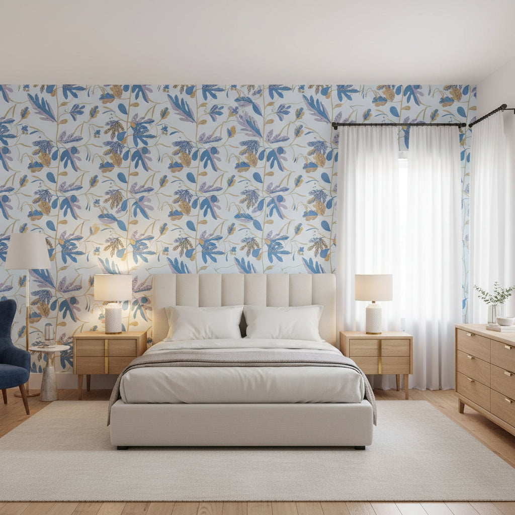 MATISSE LEAF Lavender and Blue | Thibaut Wallcoverings - Bedroom Visualization (AI-generated, may not be to scale. Verify pattern scale with product specifications.)