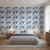 MATISSE LEAF Blue and White | Thibaut Wallcoverings - Bedroom Visualization (AI-generated, may not be to scale. Verify pattern scale with product specifications.)