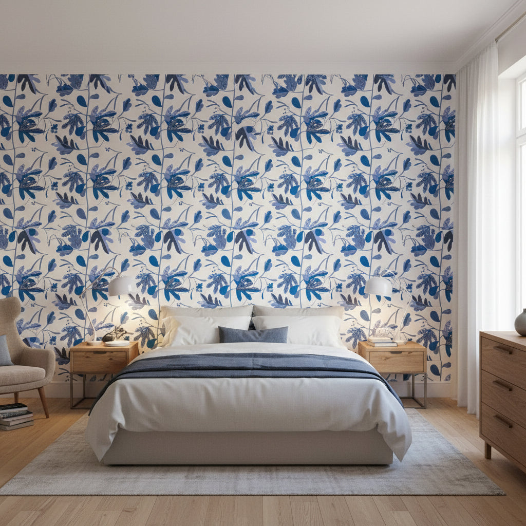 MATISSE LEAF Blue and White | Thibaut Wallcoverings - Bedroom Visualization (AI-generated, may not be to scale. Verify pattern scale with product specifications.)