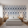 MENDOZA SUZANI Blue and White | Thibaut Wallcoverings - Bedroom Visualization (AI-generated, may not be to scale. Verify pattern scale with product specifications.)