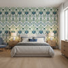 MENDOZA SUZANI Blue and Green on White | Thibaut Wallcoverings - Bedroom Visualization (AI-generated, may not be to scale. Verify pattern scale with product specifications.)